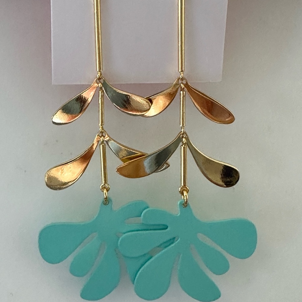 Gold and green Leaf Botanical garden linear long drop earrings